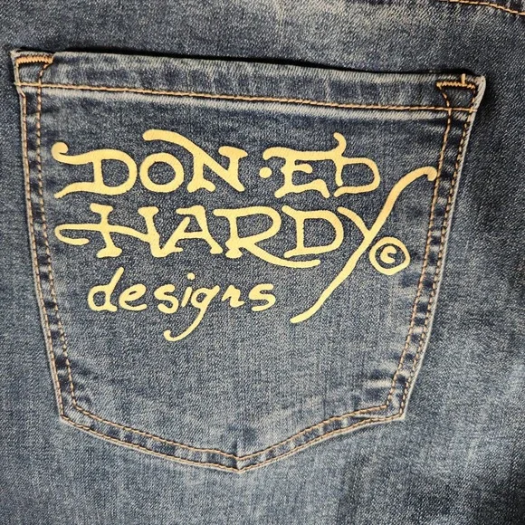 Ed Hardy Jeans Women's Size 34 Blue Wide Leg Embroidered Tattoo Print WEHD8300-3